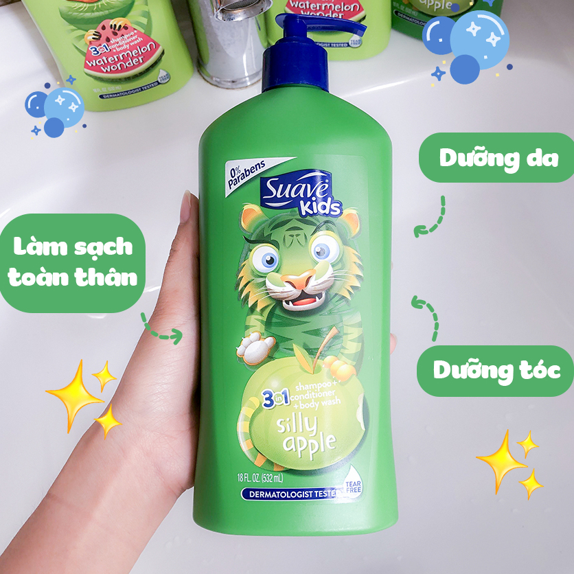 Sữa Tắm Gội Cho Bé Suave Kids 3 in1 Hương táo, dưa hấu và dâu, 532ml USA