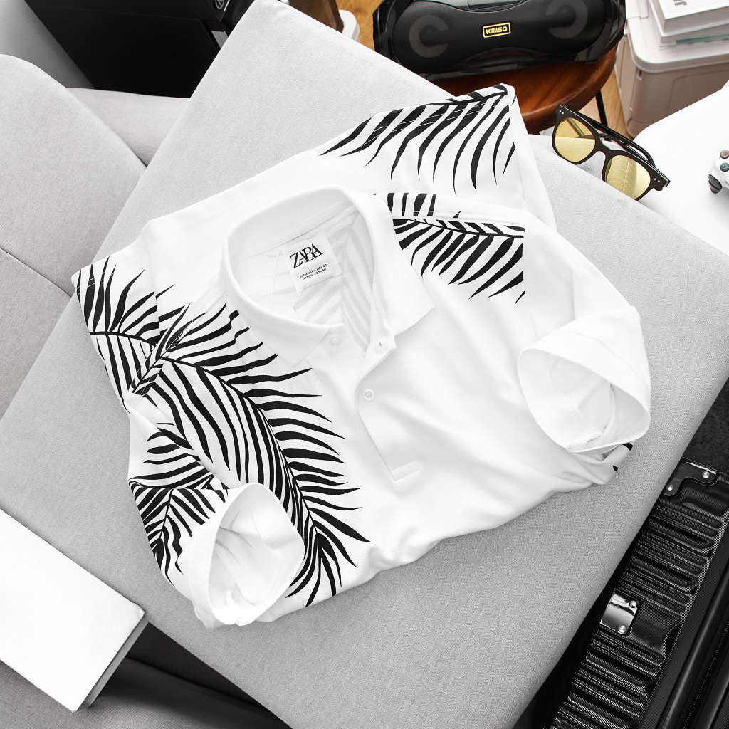 Áo Polo ZA chất cá sấu ngoại nhập cotton 100% 4 chiều in họa tiết lá cọ lạ mắt