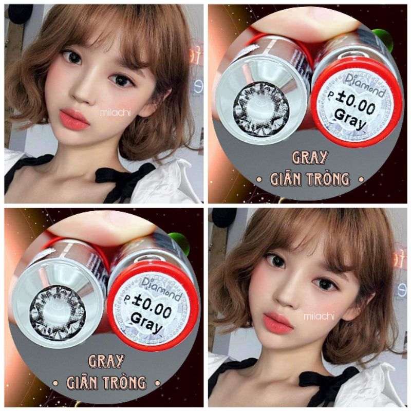 Lens mắt kính áp tròng xám đen kim cương Diamond giãn to 14.5mm 0 độ kèm khay đơn bé