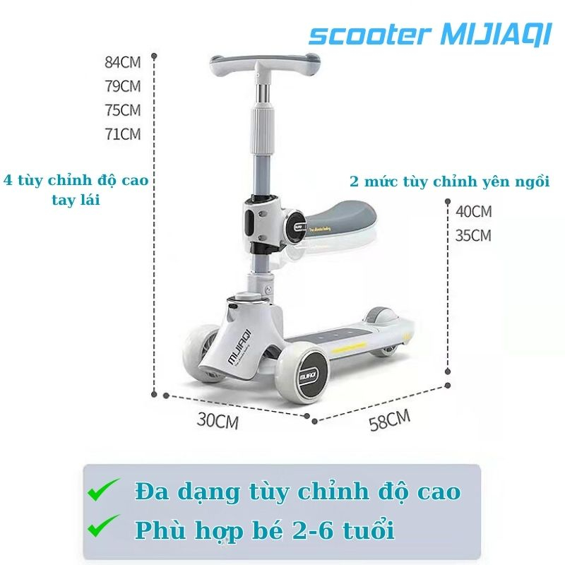 Xe Scooter cho bé, Xe scooter MIJIAQI dễ dàng điều chỉnh độ cao tay lái, yên xe - mã NTX22
