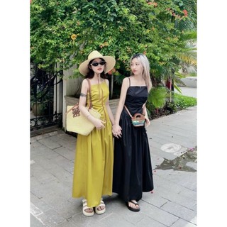 đầm maxi 2 dây khoét eo nơ vai