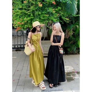 đầm maxi 2 dây khoét eo nơ vai