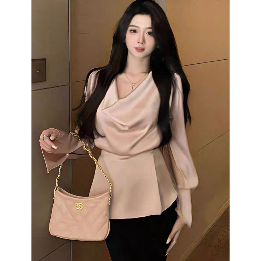 ÁO SƠ MI LỤA DÀI TAY XẺ TÀ CỔ ĐỔ THẮT NƠ LƯNG SIÊU XINH TGFASHION