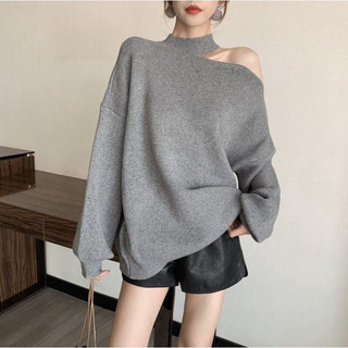 áo nỉ len nữ khoét vai dài tay thu đông, áo lệch vai nữ form rộng chất đẹp mềm mại