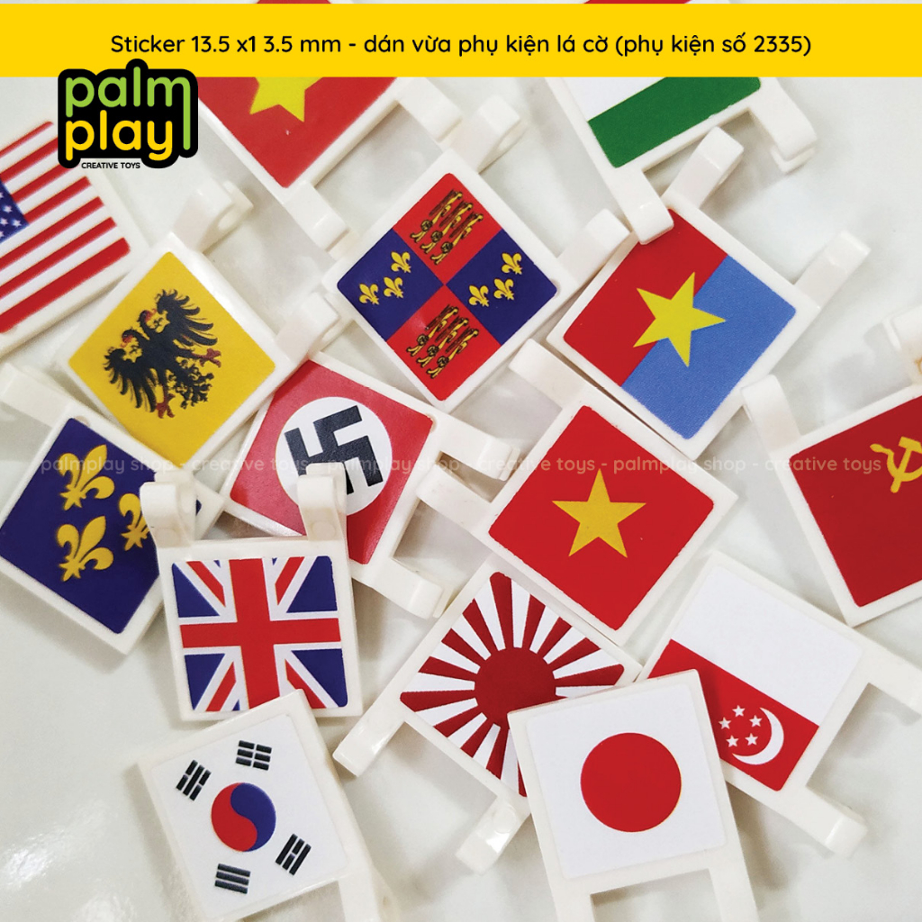 Sticker lá cờ các nước dùng cho đồ chơi gạch xếp hình dán vừa phụ kiện 2335 và 3068 - Miếng dán có 6 hình 13.5x13.5 mm