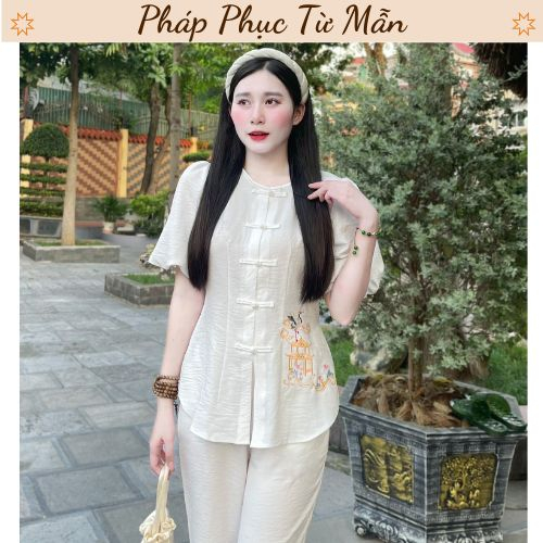 Đồ bộ đi chùa cổ tròn cúc tết thêu hạc Pháp phục đi chùa nữ ngắn tay vải đũi Đồ lam cách tân trang nhã