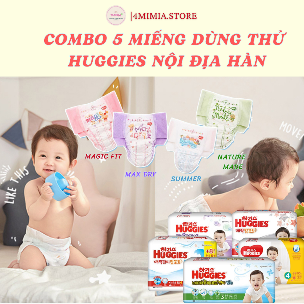 COMBO DÙNG THỬ- Bỉm Tã Quần/ Dán Huggies Nội Địa Hàn Ban Ngày Ban Đêm Chống Trào Chống Hăm Tã Khô Thoáng Cho Bé
