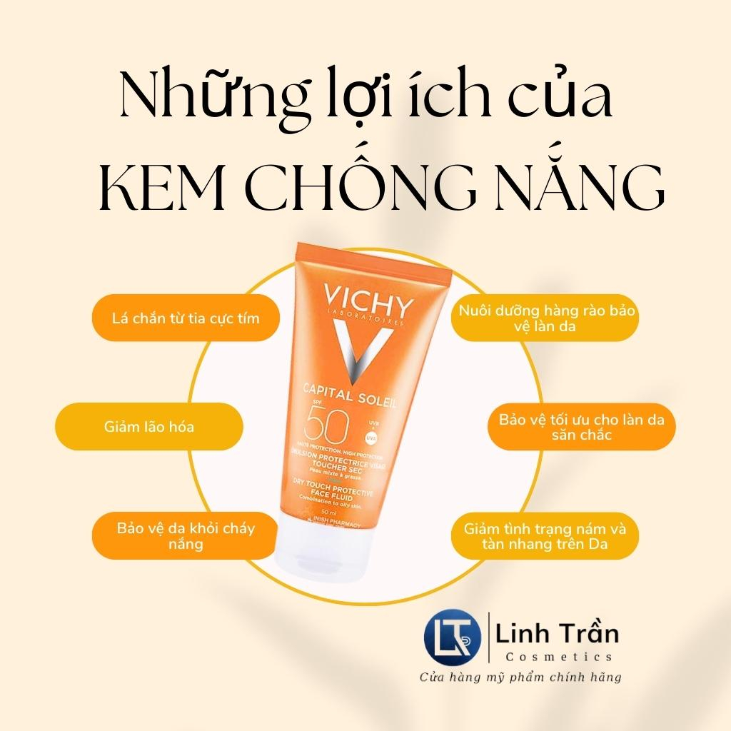 Kem Chống Nắng Vichy, Nâng Tone Kiềm Dầu Phổ Rống Chống Tia UV SPF50+ Cho Da Dầu Mụn