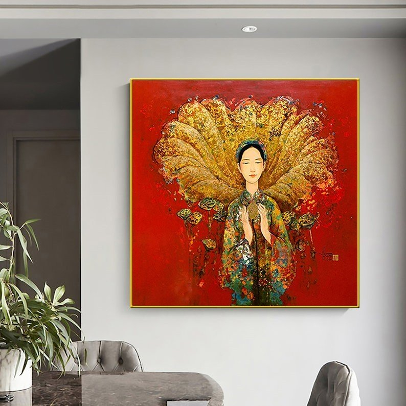 Tranh treo tường cô gái việt xưa và lá sen in giả sơn dầu art decor - 70 x 70 cm