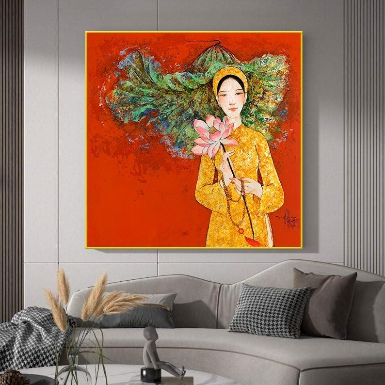 Tranh treo tường cô gái việt xưa và lá sen in giả sơn dầu art decor - 70 x 70 cm