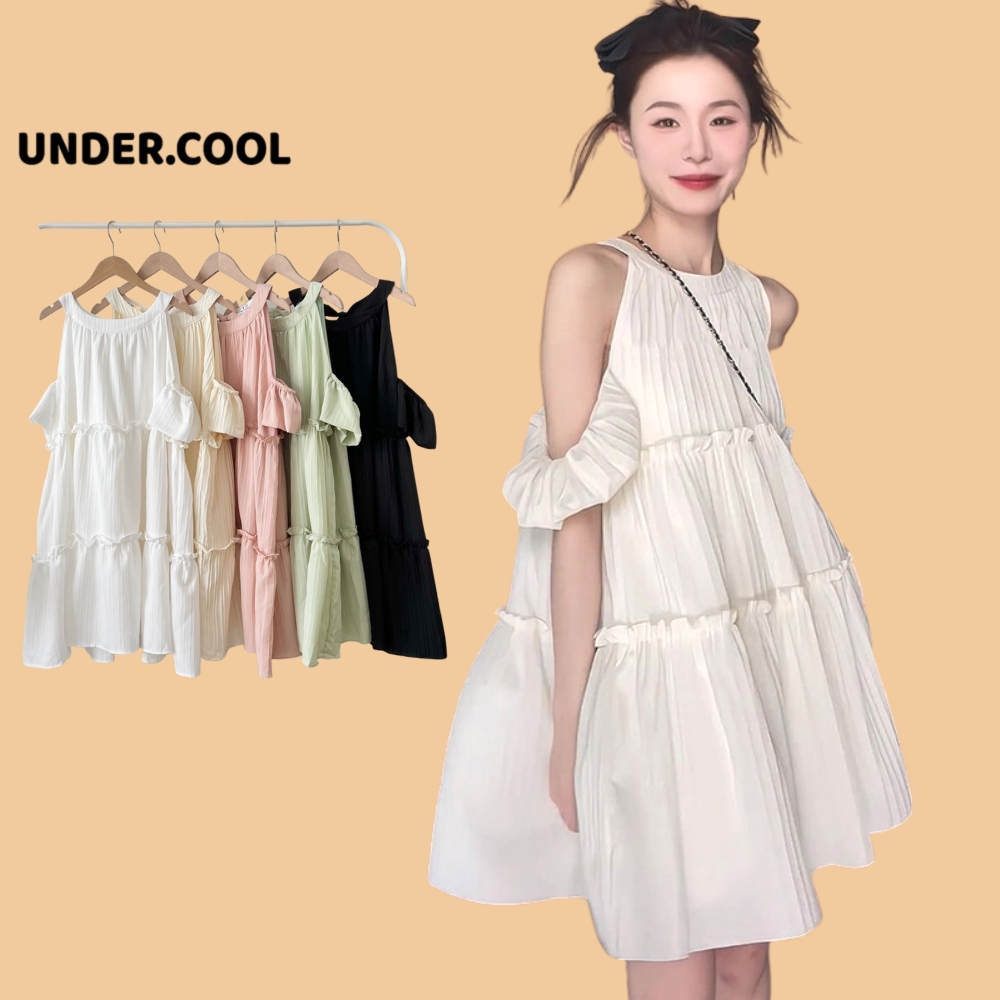 Váy BabyDoll Cổ Yếm 3 Tầng UNDERCOOL Dáng Xoè Bánh Bèo Tay Rớt Tiểu Thư Màu Trắng, Đen, Hồng, Mint, Be