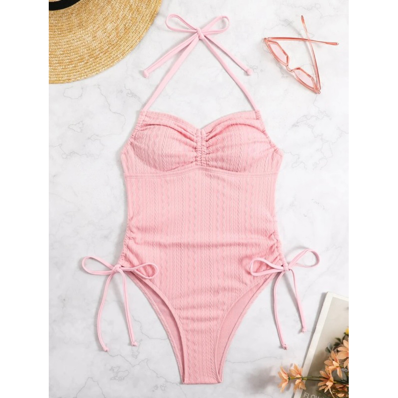 Bộ bikini 1 mảnh dún ngực dây kéo 2 bên sườn hoạ tiết lượn sóng - 4 màu (KÈM ẢNH THẬT)