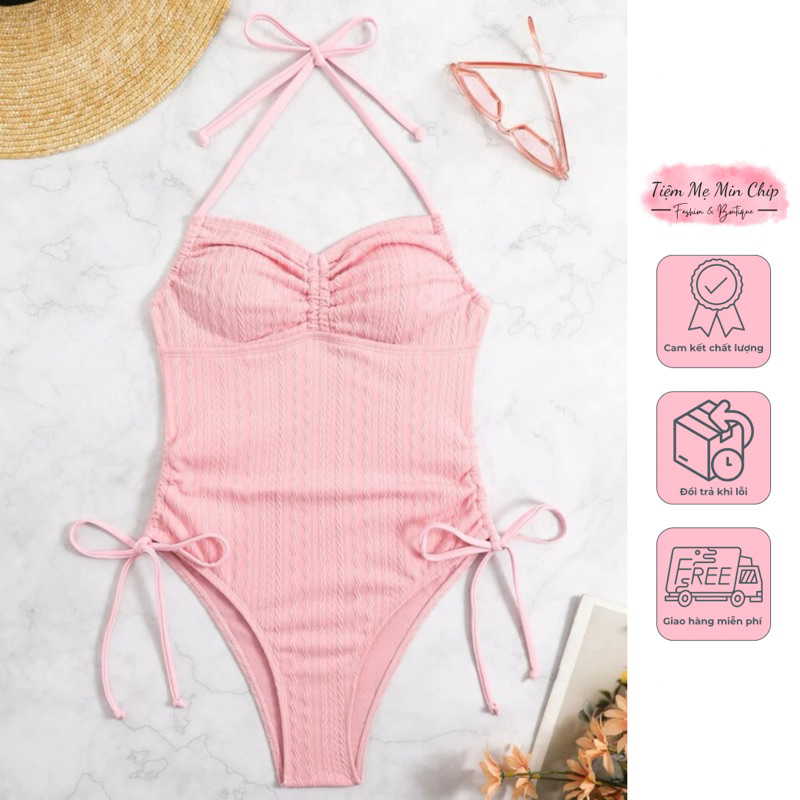 Bộ bikini 1 mảnh dún ngực dây kéo 2 bên sườn hoạ tiết lượn sóng - 4 màu (KÈM ẢNH THẬT)