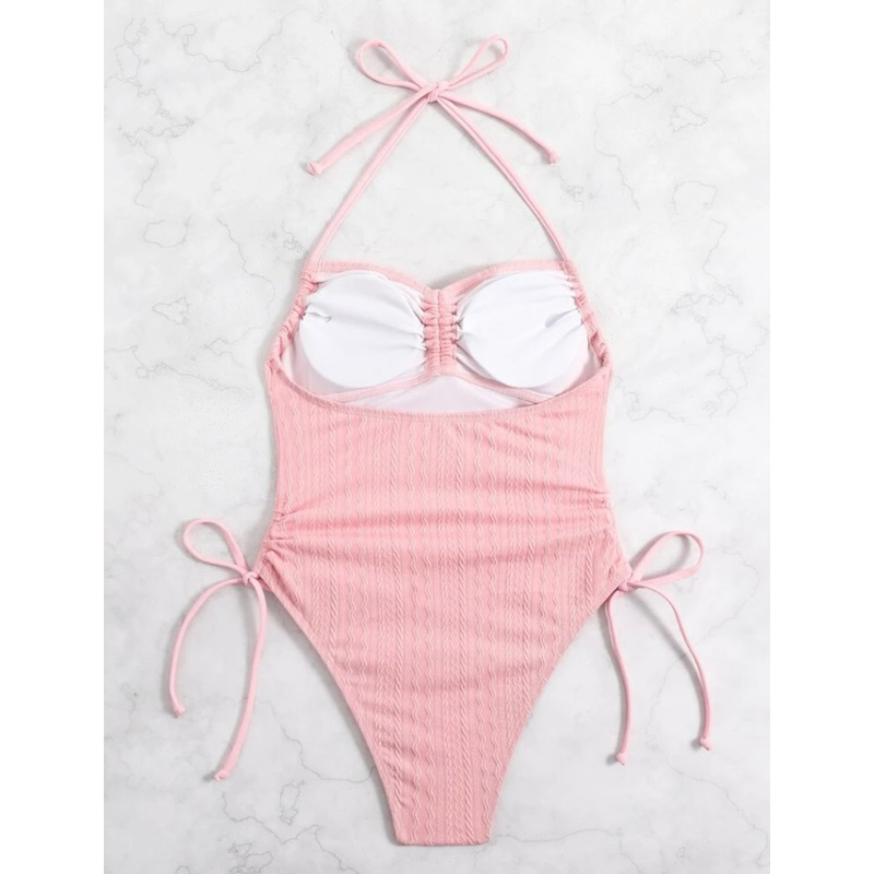 Bộ bikini 1 mảnh dún ngực dây kéo 2 bên sườn hoạ tiết lượn sóng - 4 màu (KÈM ẢNH THẬT)