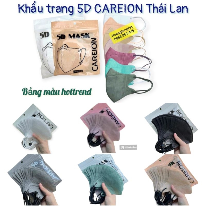 Khẩu Trang 5D Mask THÁI LAN, 5D CAREION kháng khuẩn dày dặn nhiều màu Hot