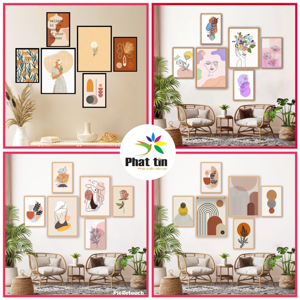 Set 6 tranh tối giản hiện đại, tranh decor dán tường In Phát Tín, có sẵn keo dán, không cần khoan tường