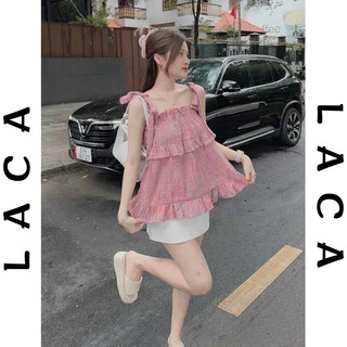Áo hai dây kẻ caro hồng ngang vai buộc nơ vai phối viền bèo tầng siêu xinh h8-2 áo babydoll tiểu thư