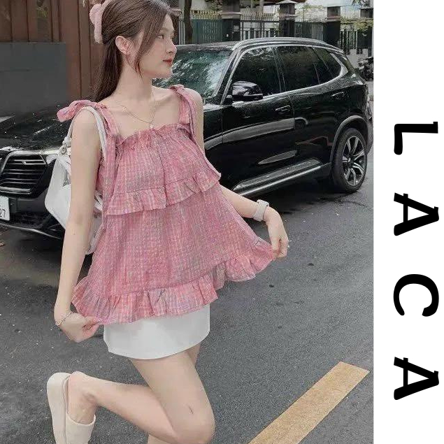 Áo Hai Dây Kẻ Caro Hồng Ngang Vai Buộc Nơ Vai Phối Viền Bèo Tầng Siêu Xinh H8-2 áo babydoll tiểu thư