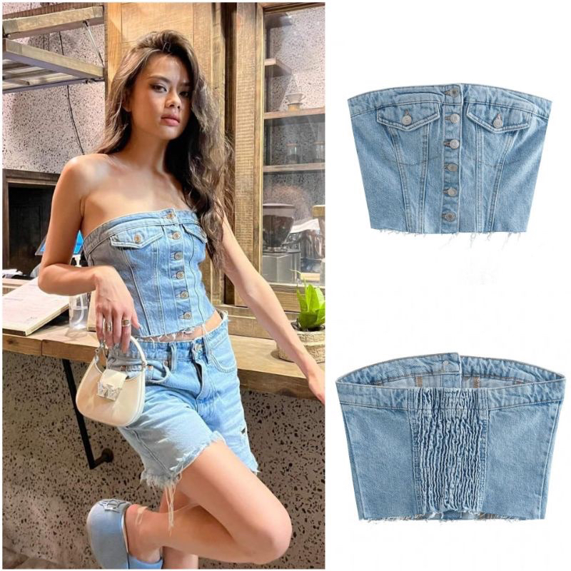 Áo Jean demin xanh nhạt cúp ngực xanh nhạt lưng có bảng thun