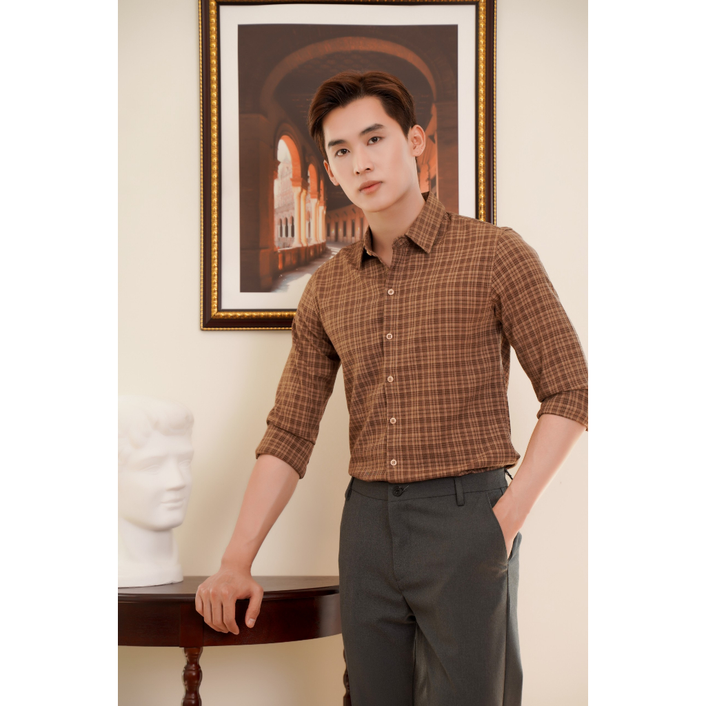 ( MAZZOLA SHOP ) Áo Sơmi Nam Caro Màu Nâu Vàng