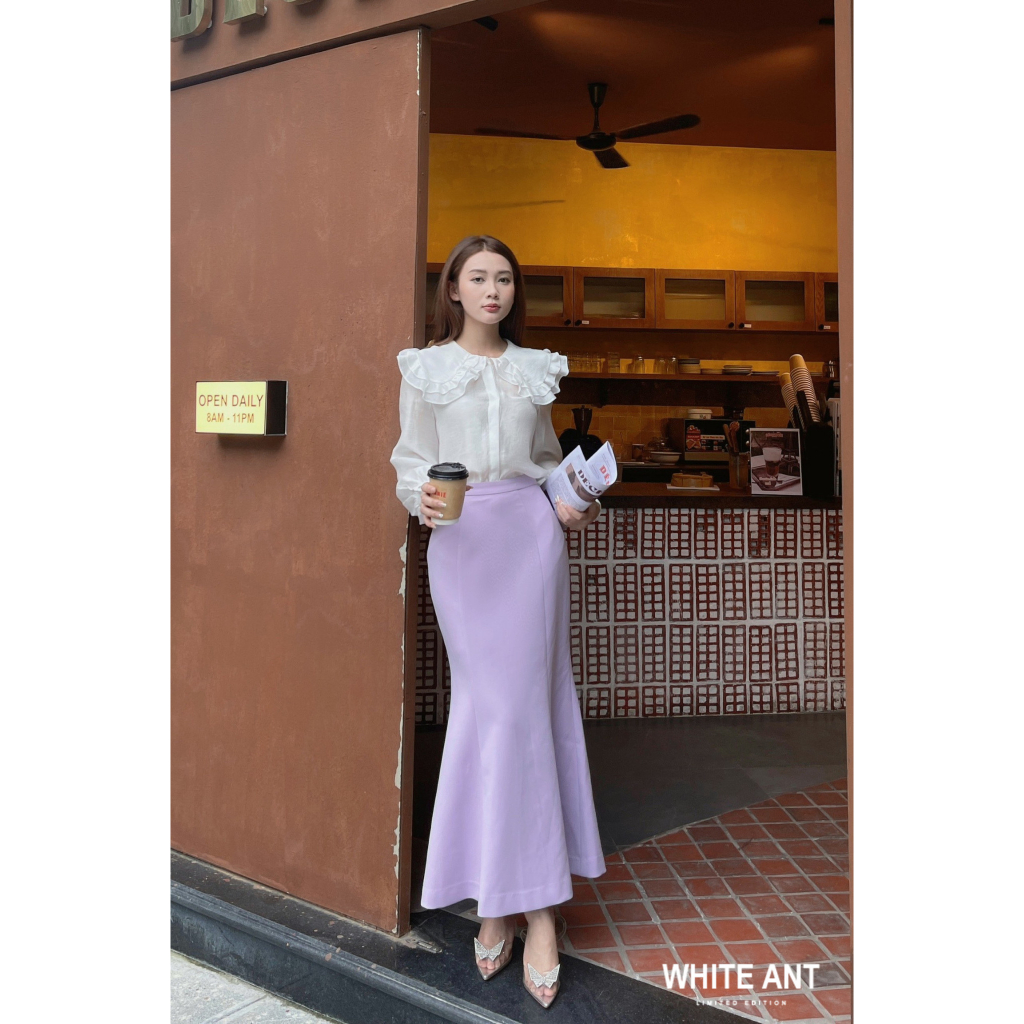 Áo Sơ Mi Tay Dài Cổ Bèo Và Chân Váy Đuôi Cá Nữ White Ant Hàng Thiết Kế Cao Cấp
