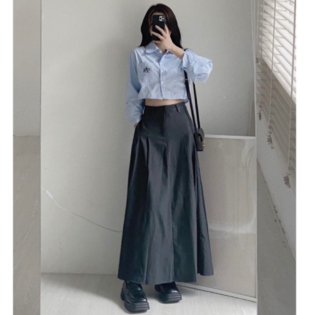 Chân váy xếp ly hạ eo dáng dài xoè Bànana, đứng form, váy dài dáng xoè chữ a chất vải dày dặn hack dáng vintage