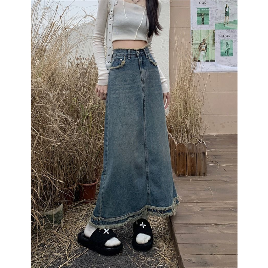 Chân váy jeans dài form chữ A was rách chân nhẹ siêu phẩm retro Hàn Quốc cao cấp