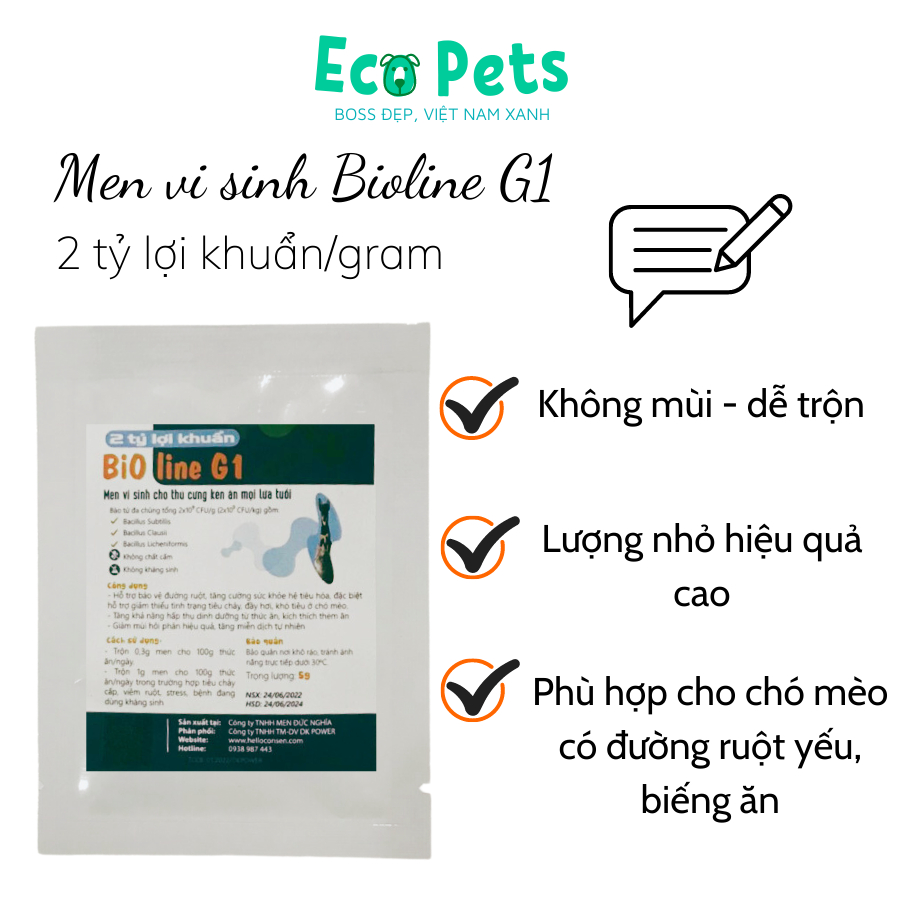 Men vi sinh Bioline G1 ECOPETS men tiêu hoá giúp chó mèo ăn ngon tránh tình trạng tiêu chảy khó tiêu - 5gr