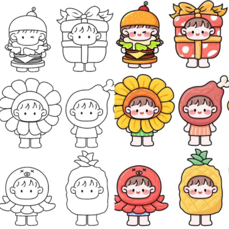 Set 10 Tờ Tranh Tô Màu Cute, Dễ Thương Cho Bé - Kho Nhà Mình
