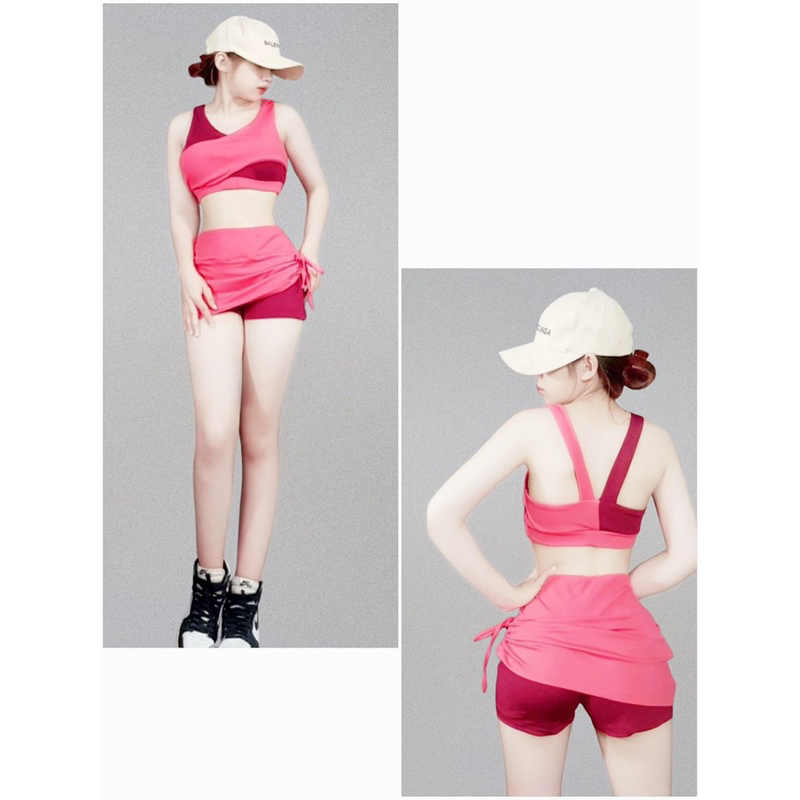Set đồ tập BN STORE phối màu áo bra kèm quần váy rút dây sườn