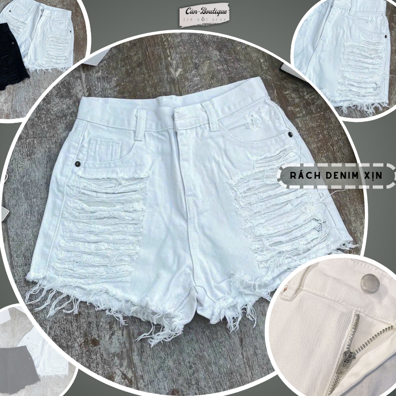 Quần short jeans nữ lưng cao rách nhiều 2 bên phong cách cá tính Cun Boutique dễ phối đồ thời trang