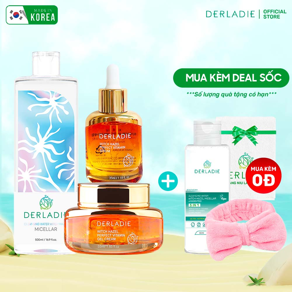 Bộ sản phẩm Tẩy trang, Serum, Kem dưỡng Derladie Witch Hazel làm sạch, ngừa mụn, giảm thâm, làm đầy sẹo rỗ