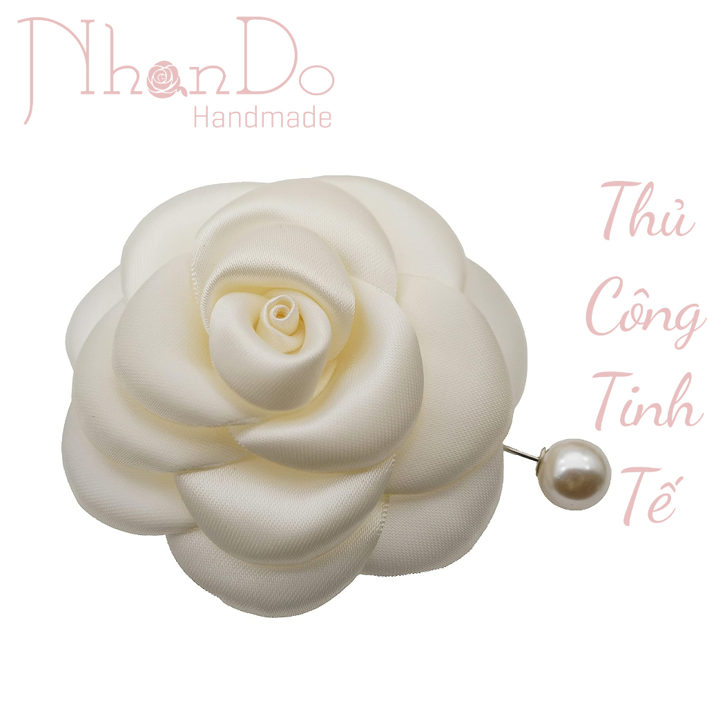 Hoa cài áo thủ công cao cấp- màu trắng sữa- size 9cm- Lụa