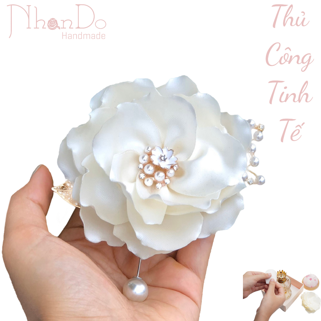 Hoa cài áo Thủ công cao cấp Trâm cài áo NhanDo Handmade Jasmine lụa - Trắng sữa đk khoảng 8.5cm