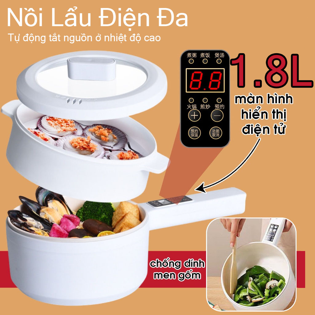 Nồi Lẩu Điện Đa Năng, Chảo Điện Đa Năng Chống,1.8L,Chống Dính Gốm Ceramic, Nồi Lẩu Mini 2 Tầng, kèm khay hấp