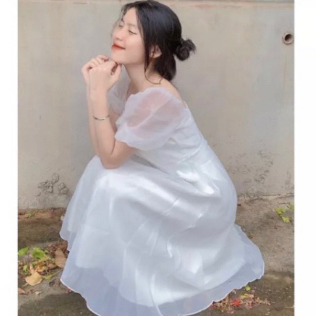 Đầm trắng váy công chúa cổ vuông tay voan bồng bềnh nhà bearhouse 🫶