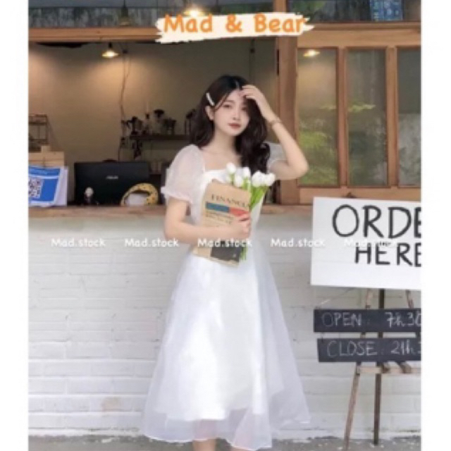 Đầm trắng váy công chúa cổ vuông tay voan bồng bềnh nhà bearhouse 🫶