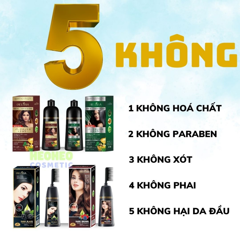 Dầu gội phủ bạc GELISSA 500ml 400ml công nghệ nhật bản - Lược nhuộm tóc thông minh đen nâu từ thảo dược tự nhiên an toàn