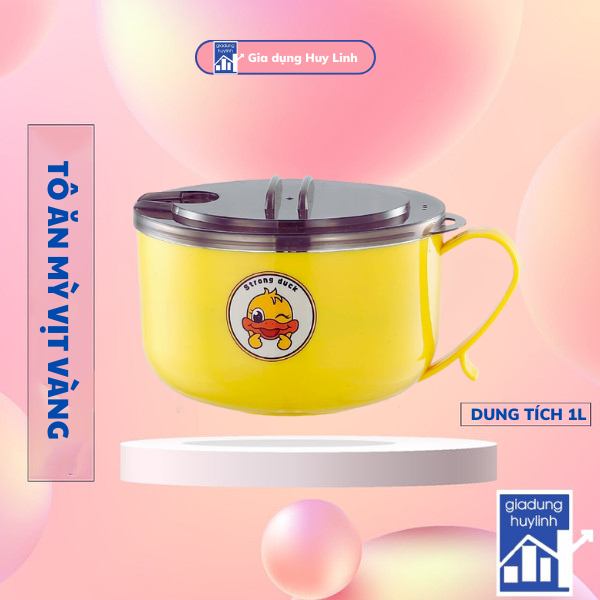 Tô ăn mì, Ca ăn mì - Bát ăn mì tôm inox có nắp đậy dung tích 1 lít họa tiết vịt vàng bắt mắt (BV15)