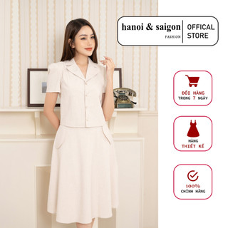 Váy bộ dự tiệc công sở sang trọng fashion, thiết kế cổ vest thêu hoa tay ngắn, váy dáng xoè cao cấp đi làm, dự tiệc