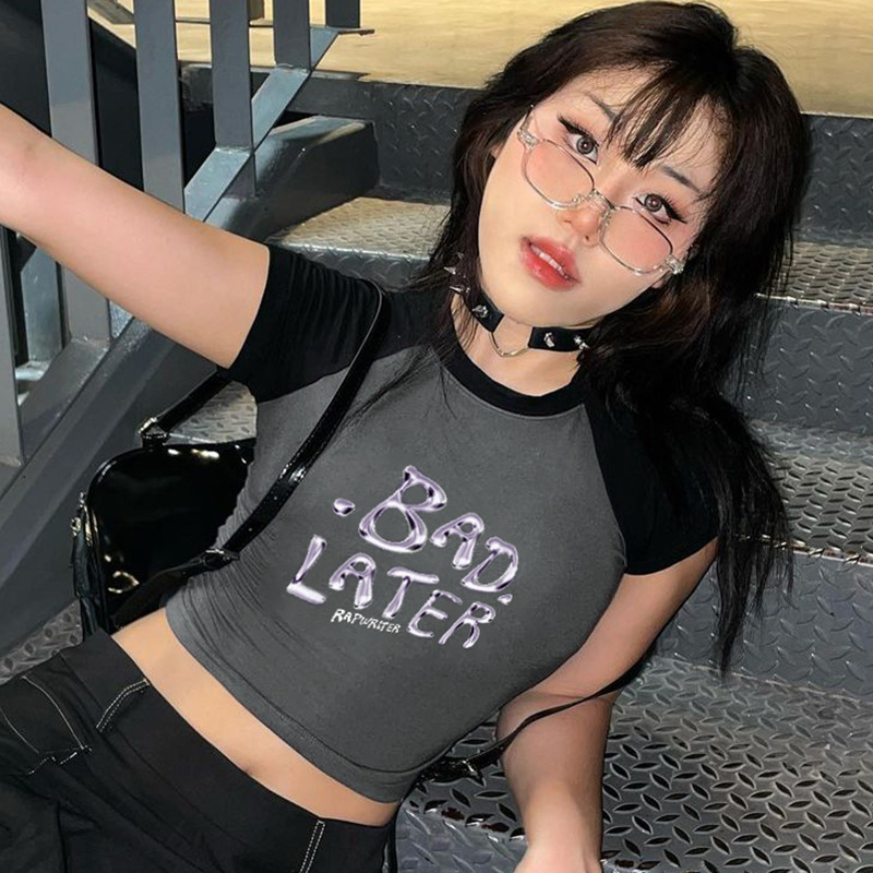 Croptop Raglan Phối Màu Trendy "Bad Later", Áo Tay Ngắn Thun Ôm Body