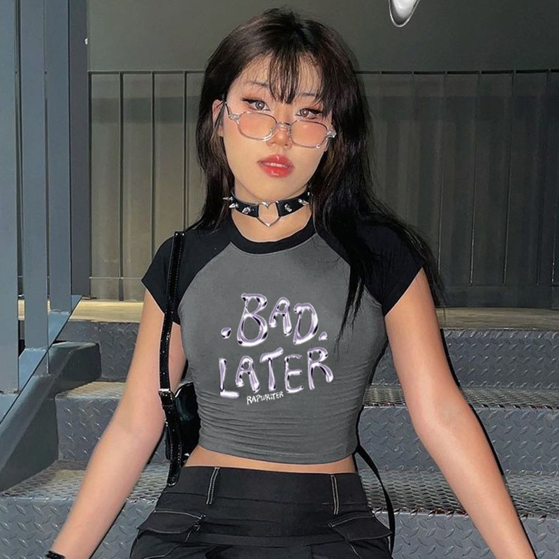 Croptop Raglan Phối Màu Trendy "Bad Later", Áo Tay Ngắn Thun Ôm Body