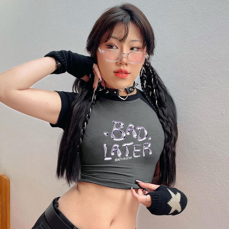 Croptop Raglan Phối Màu Trendy "Bad Later", Áo Tay Ngắn Thun Ôm Body