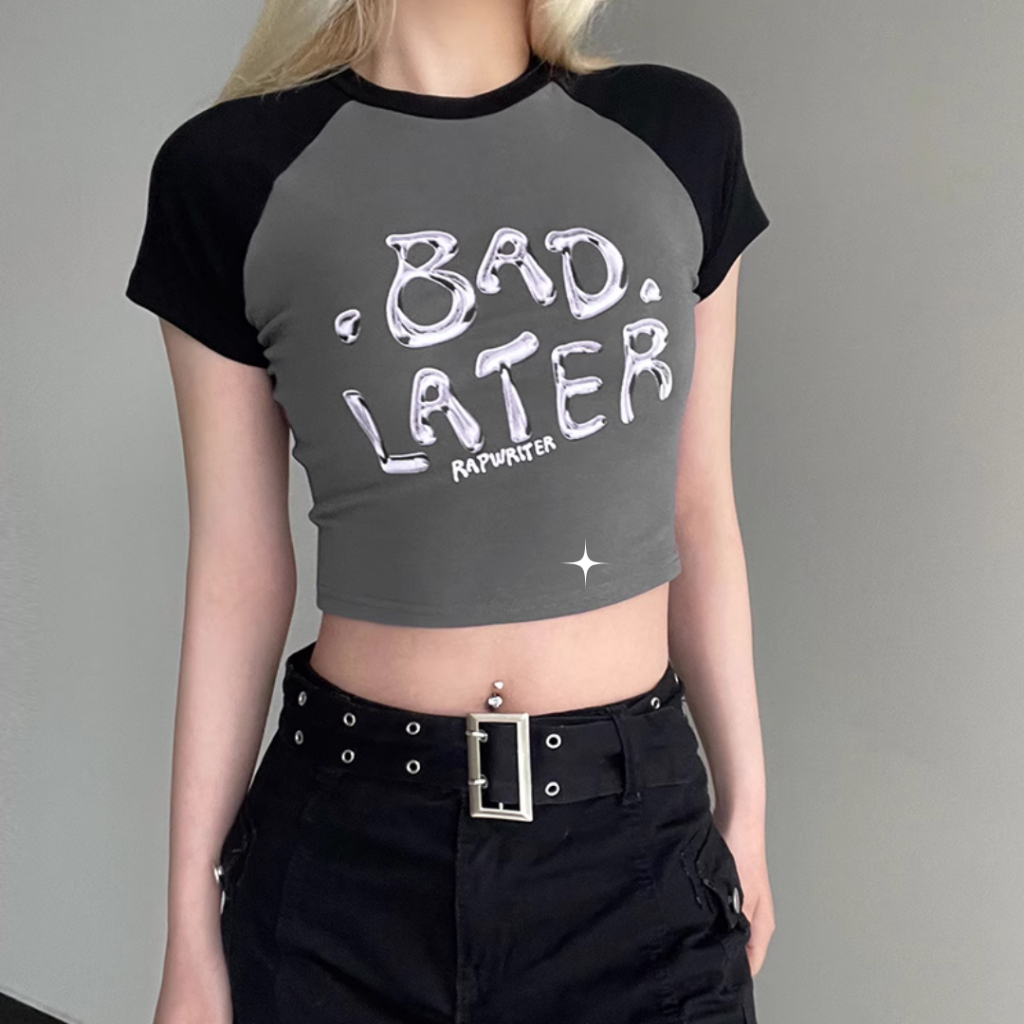 Croptop Raglan Phối Màu Trendy "Bad Later", Áo Tay Ngắn Thun Ôm Body