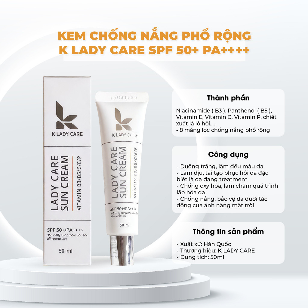Kem chống nắng K Lady Care 50ml bảo vệ da toàn diện, cung cấp vitamin E, B3, B5, Vitamin C