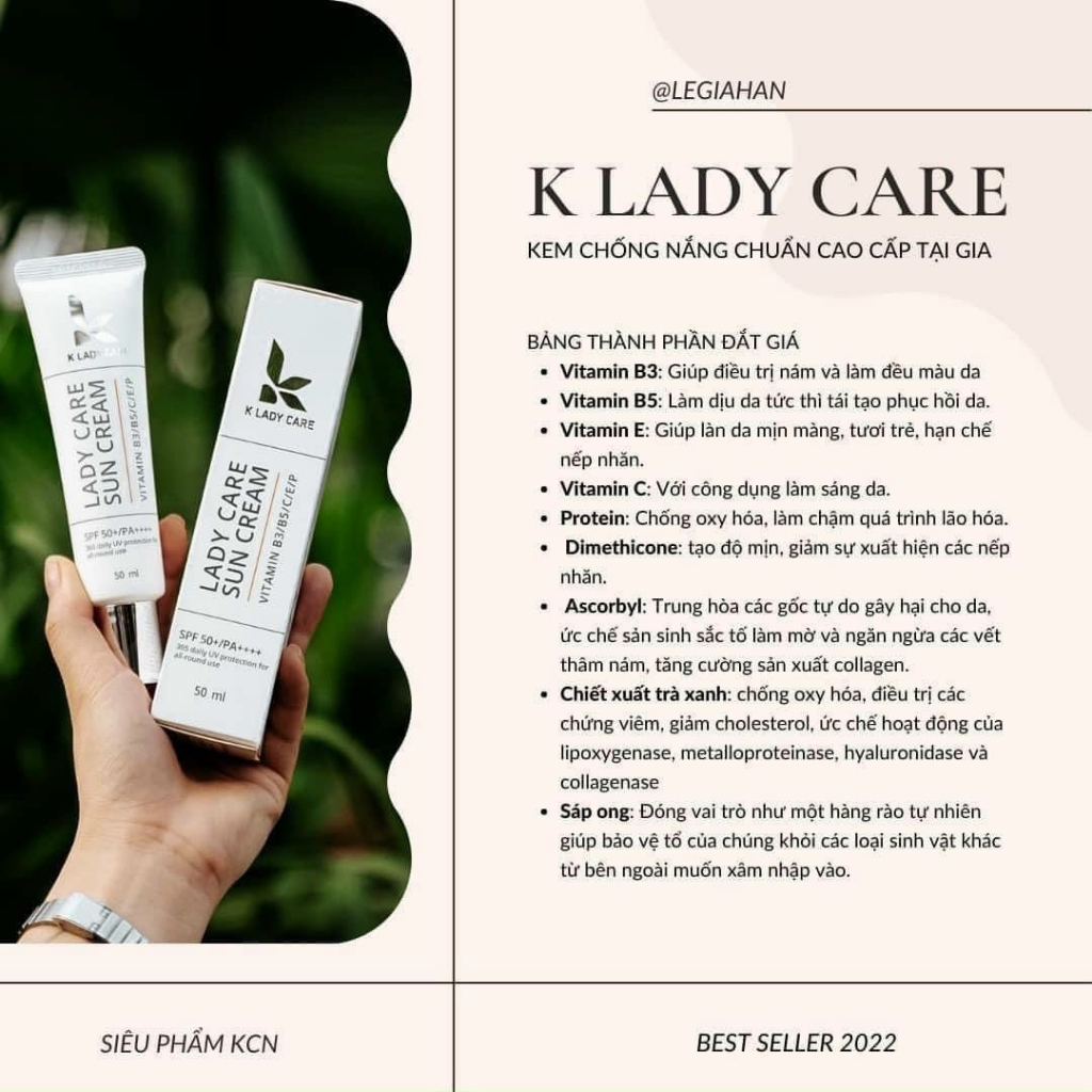 Kem chống nắng K Lady Care 50ml bảo vệ da toàn diện, cung cấp vitamin E, B3, B5, Vitamin C