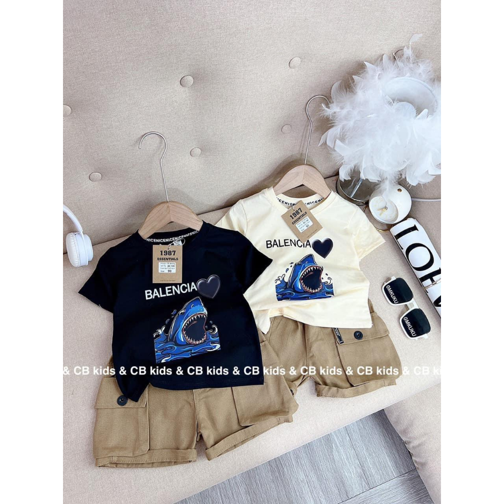 Bộ thun cotton tàu in hình cá mập cho bé trai