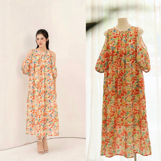 Váy hoa sắc màu vai khoét, thiết kế xếp ly phom suông basic, kiểu dáng dài qua bắp chân giấu dáng cực tốt