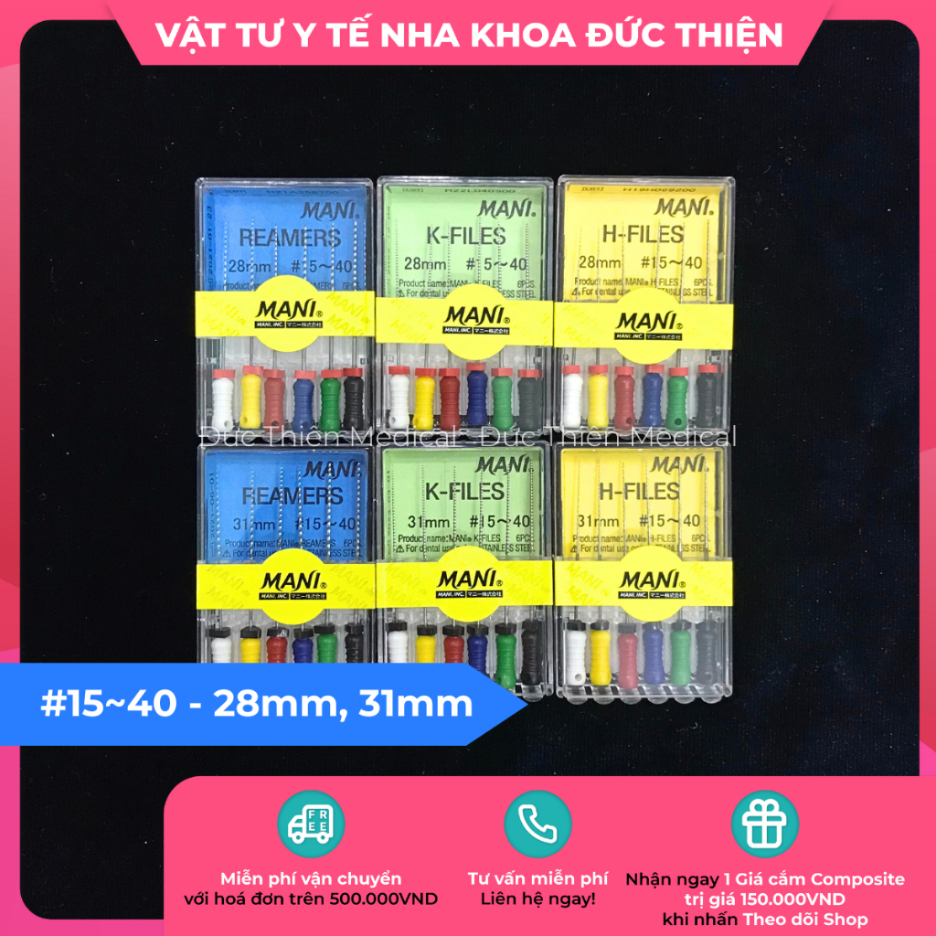 Trâm nội nha Reamers K Files H Files MANI nong dũa đủ số #15~40 dài 28mm, 31mm (vỉ 6 cây) - Vật tư nha khoa chính hãng