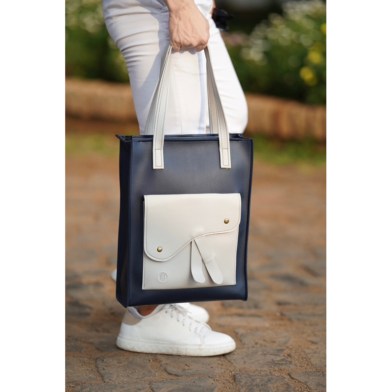 Túi da KHÔISTORE | Horse Saddle_Túi tote balo đeo chéo đa năng_Túi thiết kế_Hàng thủ công_Túi laptop_Màu navy phối xám
